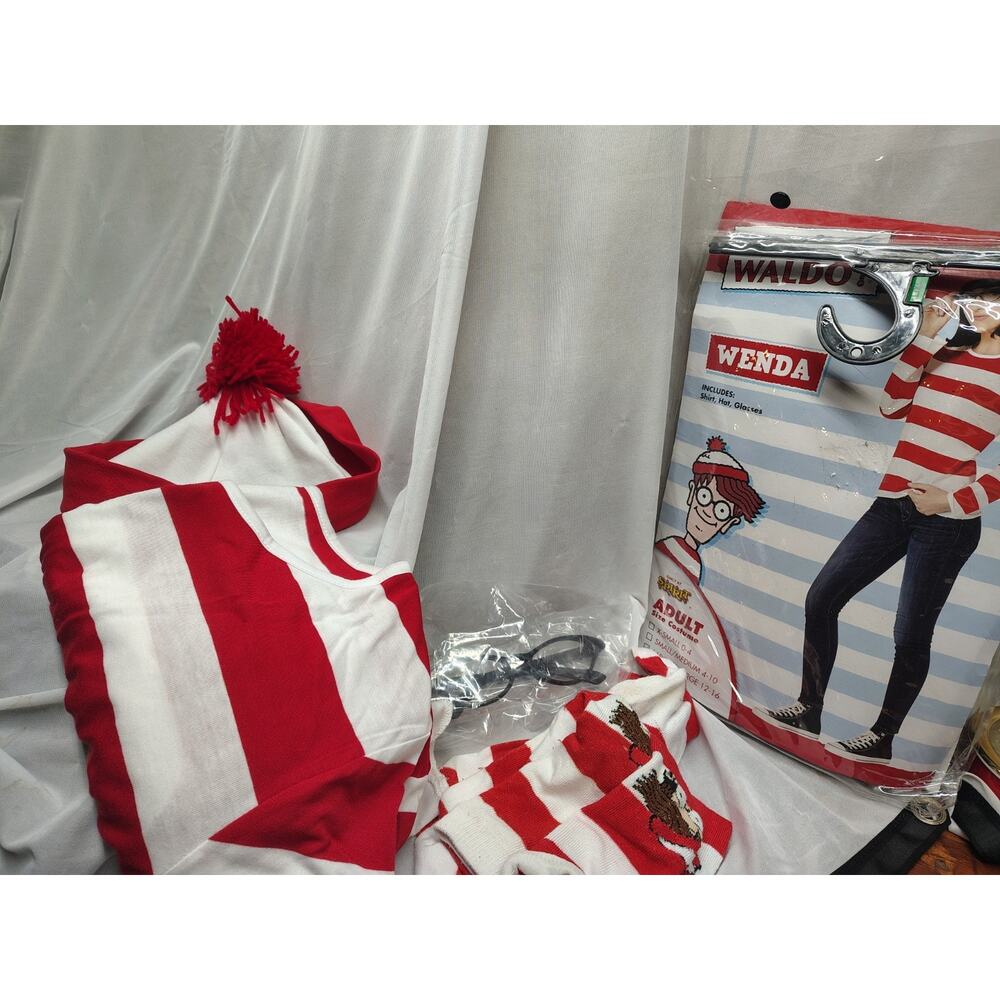 Wenda Where's Waldo Costume Adult Large/XLarge Spirit Halloween Shirt Hat - Picture 7 of 7